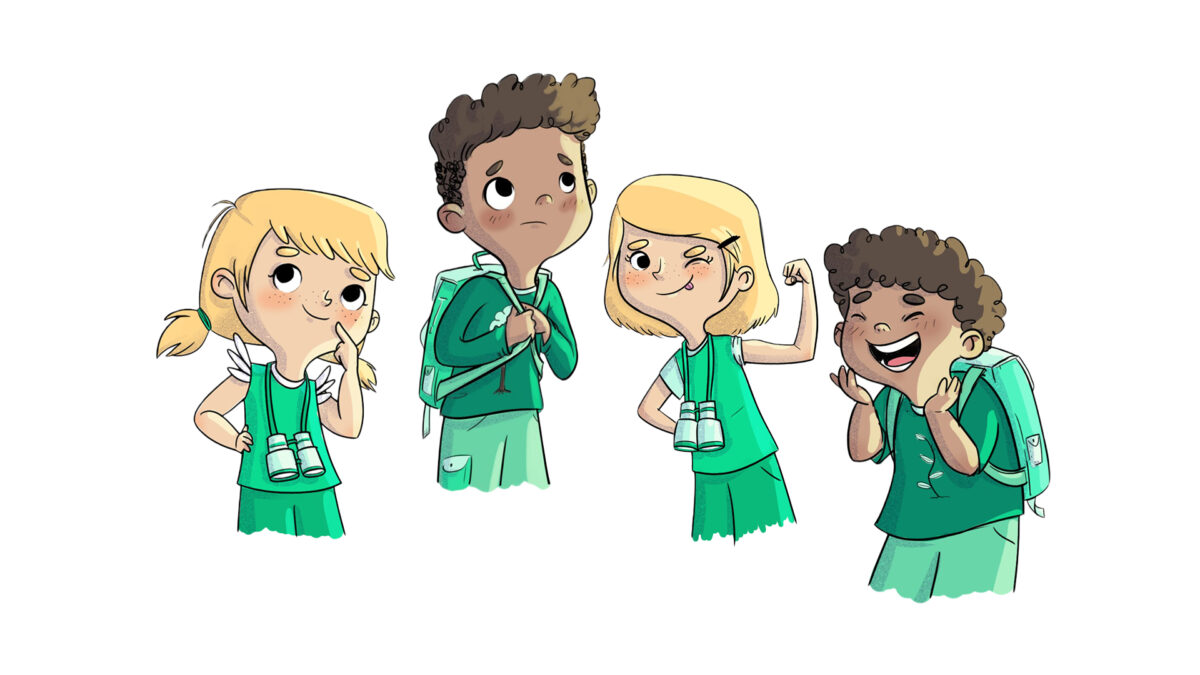 Illustration de quatre enfants représentant différentes émotions et attitudes, comme la réflexion, l’inquiétude, la joie et la confiance.